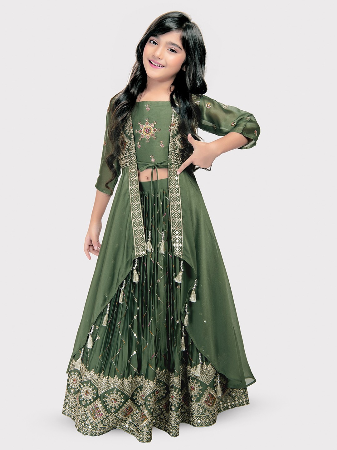 

Tiny Kingdom Girls Embroidered Thread Work Ready to Wear Lehenga & Choli With long jacket, Green