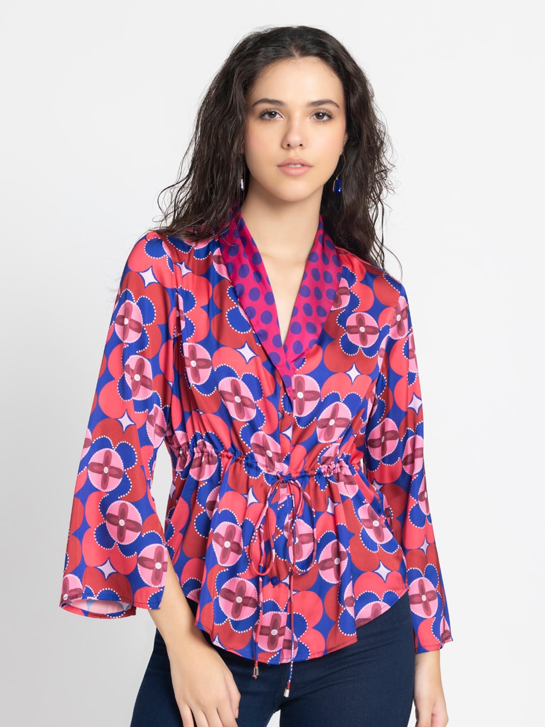 

SHAYE Floral Printed Slit Sleeves Waist Tie Ups Shirt Style Top, Pink
