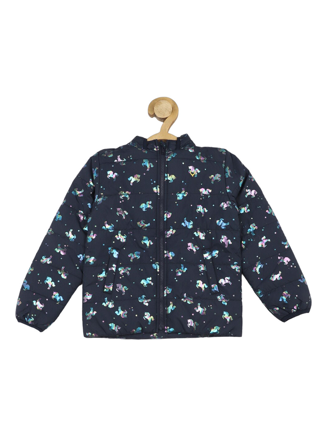 

Allen Solly Junior Girls Conversational Printed Hooded Padded Jacket, Navy blue