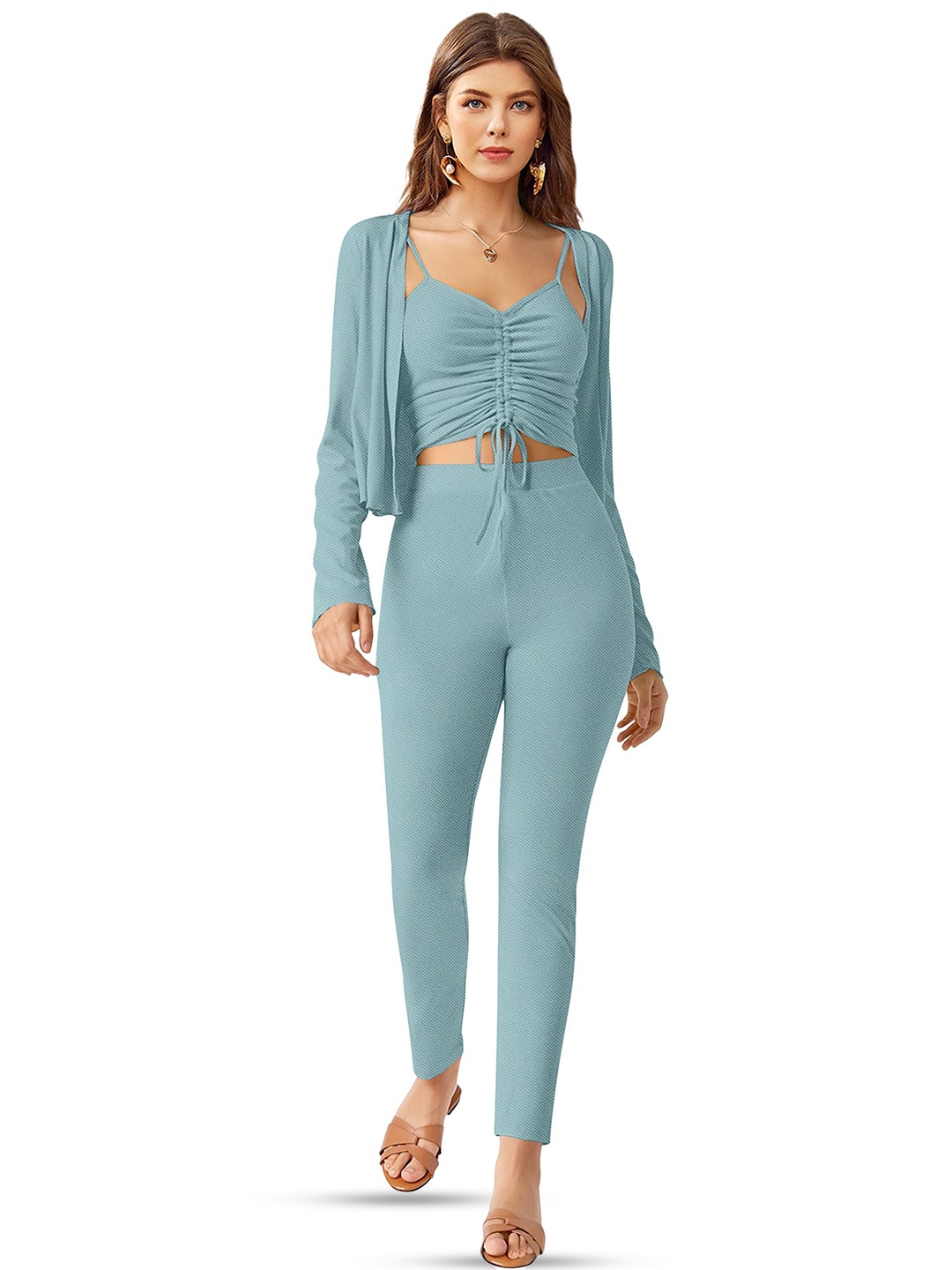 

BAESD Shoulder Straps Sleeveless Ruched Crop Top With Trouser & Shrug, Green