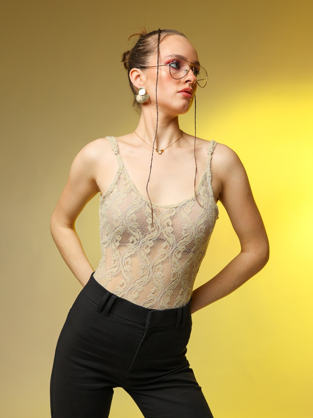 

Stylecast X Hersheinbox Semi-Sheer Shoulder Straps Lace Top, Mustard