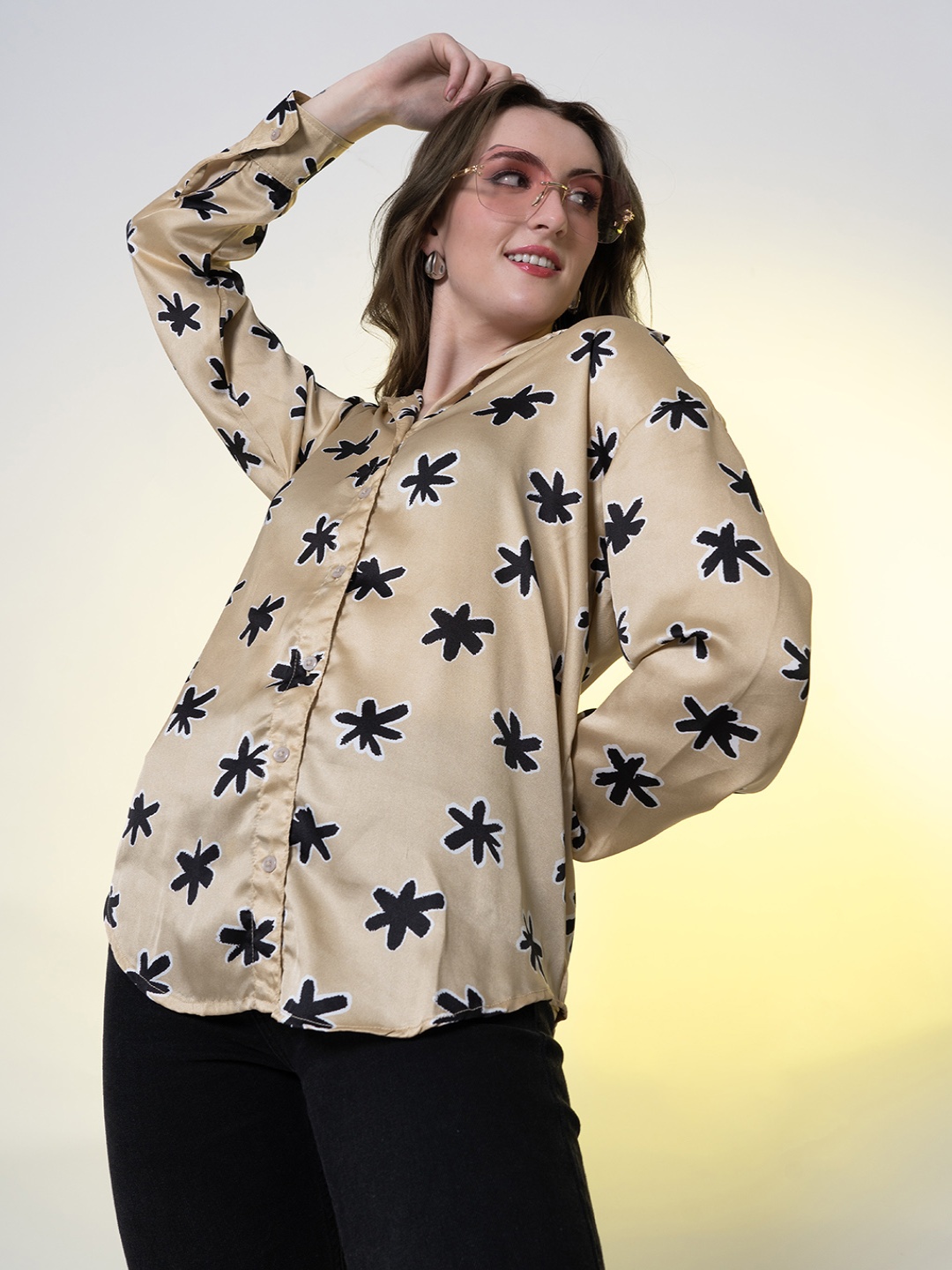 Stylecast X Hersheinbox Satin Finish Printed Casual Shirt, Brown