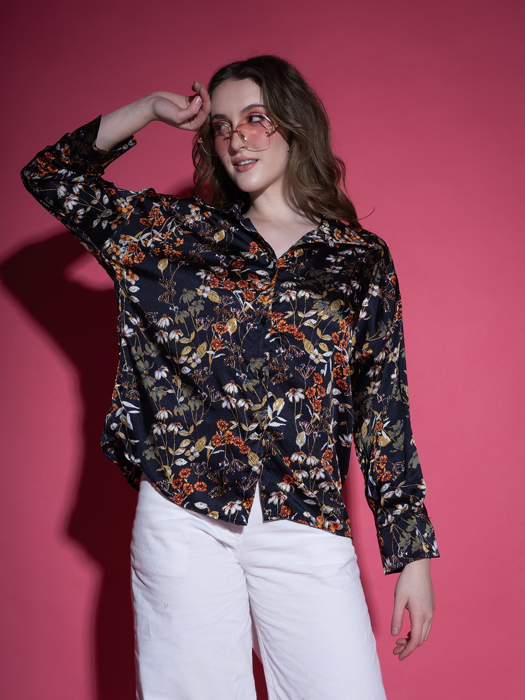

Stylecast X Hersheinbox Women Floral Printed Oversized Casual Shirt, Navy blue