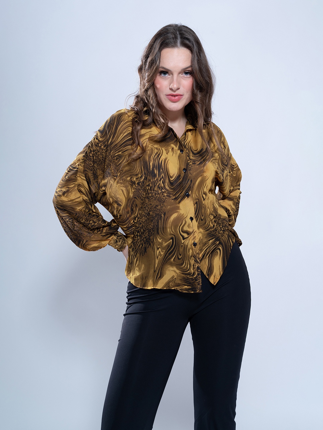 Stylecast X Hersheinbox Women Oversized Printed Casual Shirt, Brown