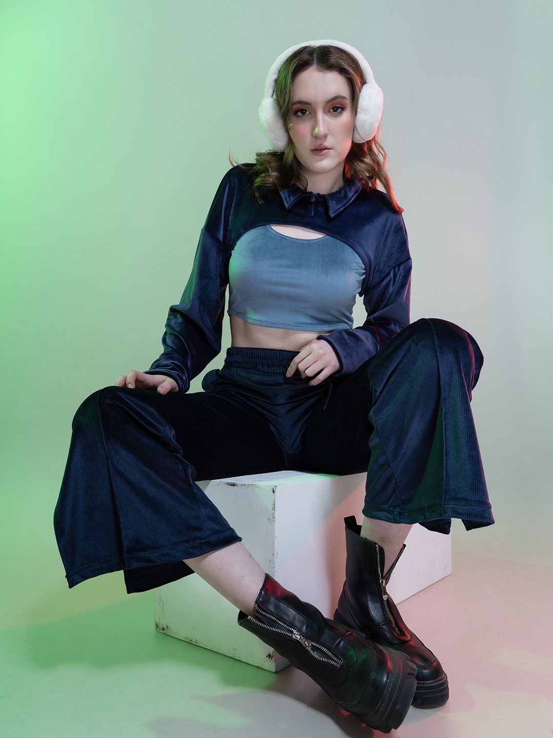 

Stylecast X Hersheinbox Velvet Finish 3-Piece Co-Ords, Navy blue