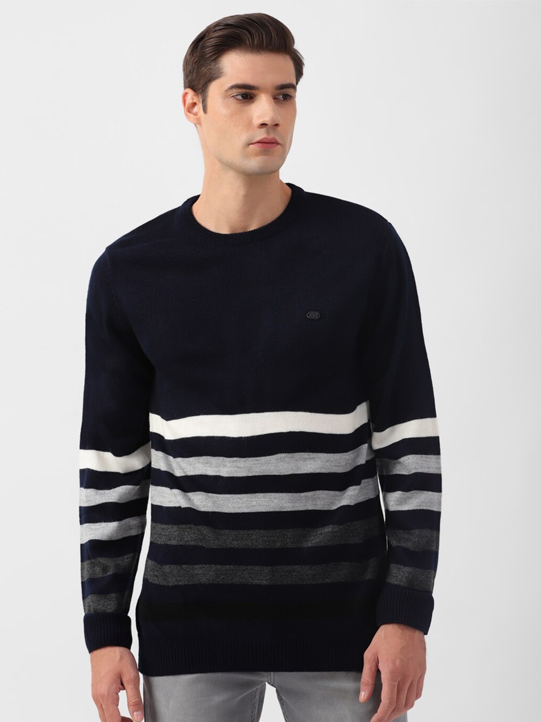 

Peter England Casuals Striped Round Neck Pullover, Navy blue