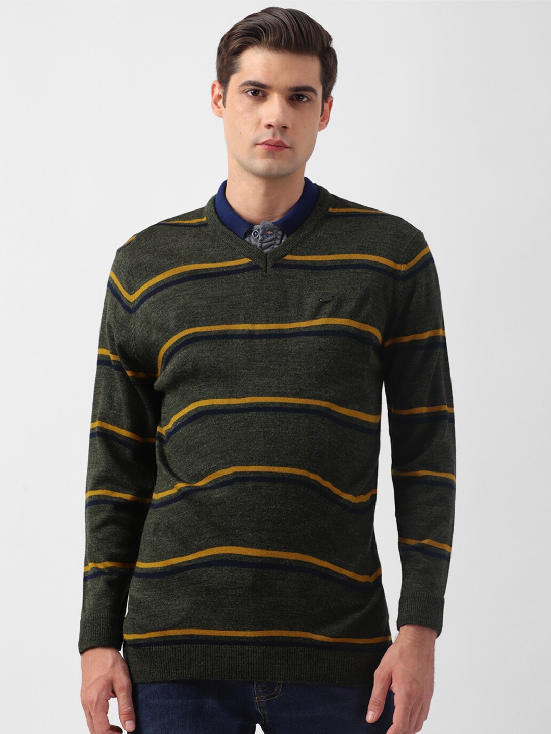 

Peter England Casuals Striped V-Neck Long Sleeves Acrylic Pullover, Green