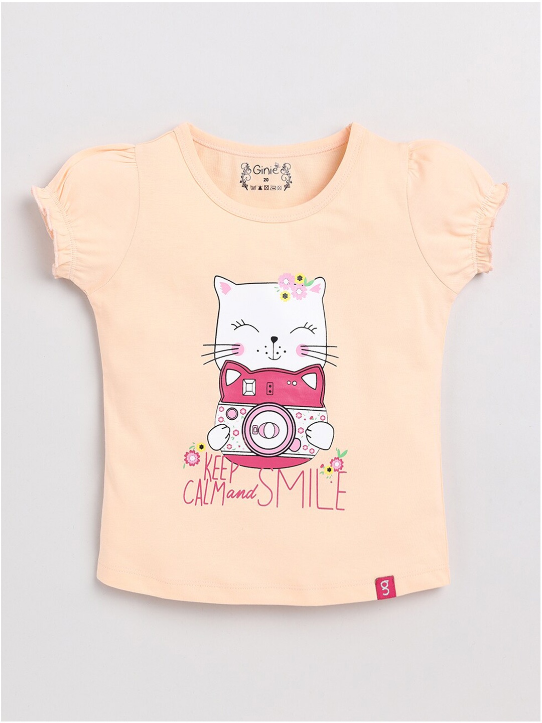 

Ginie Girls Graphic Printed Puff Sleeves Pure Cotton Top, Peach