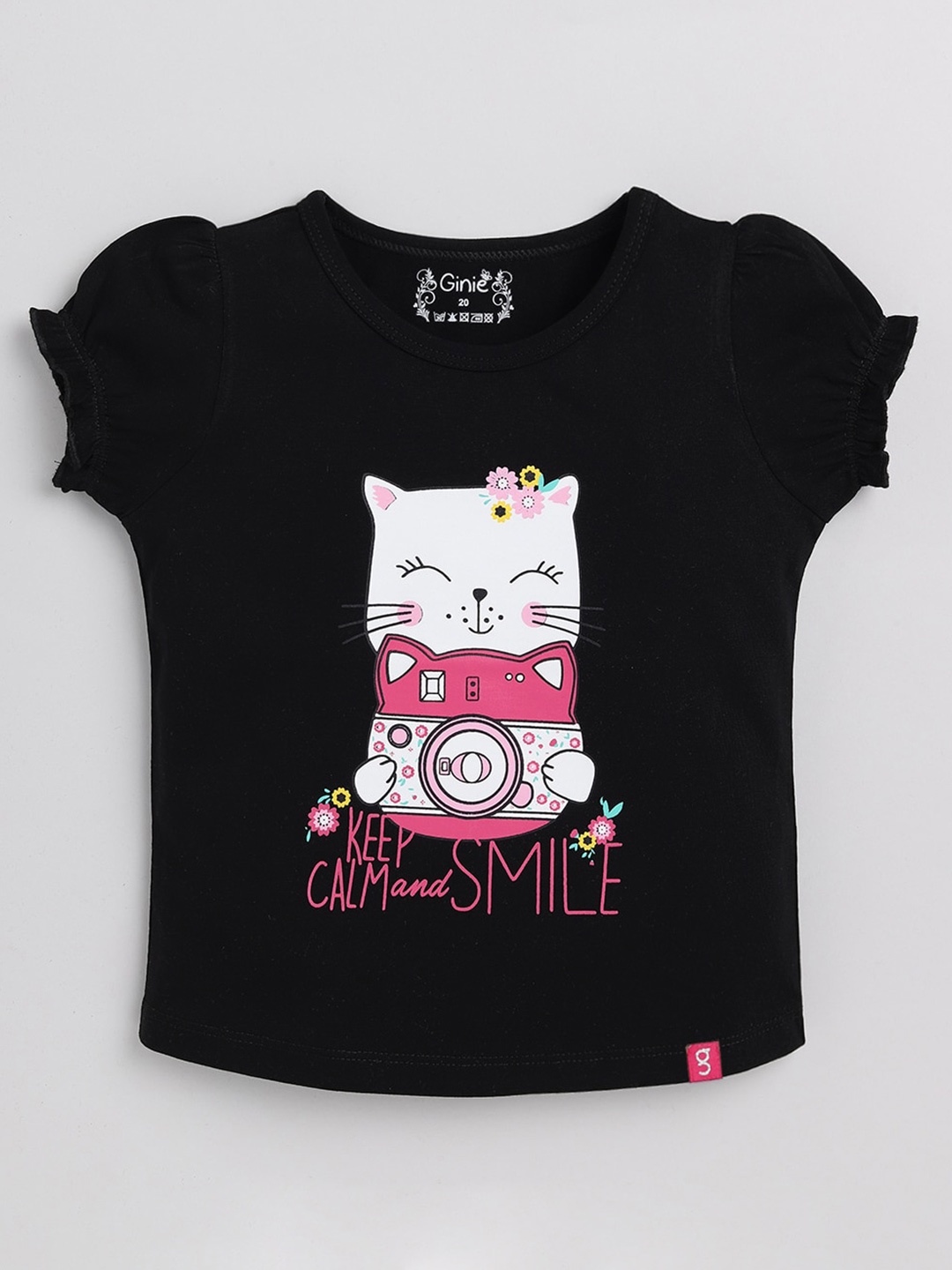 

Ginie Girls Graphic Printed Puff Sleeve Cotton Top, Black