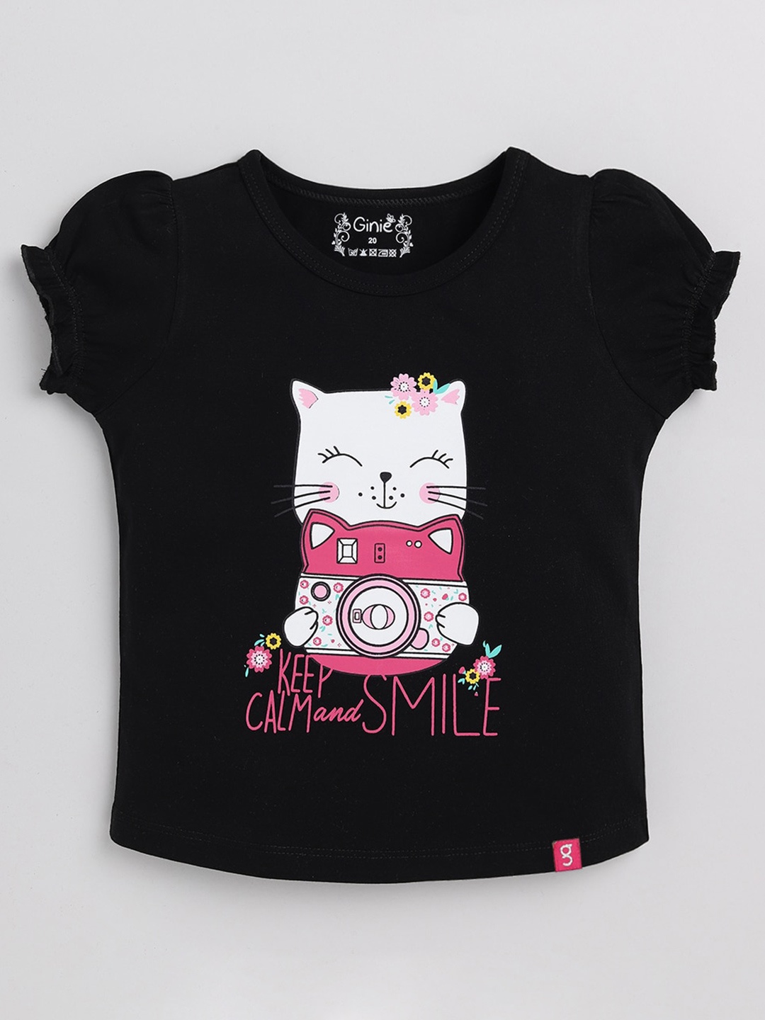 

Ginie Girls Graphic Printed Puff Sleeve Pure Cotton Top, Black