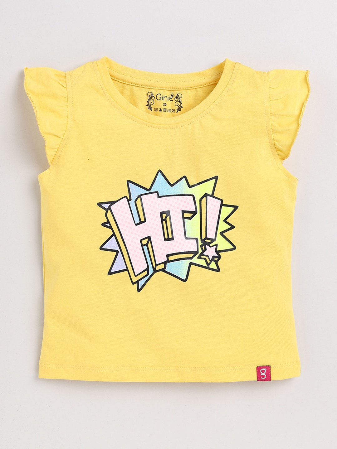 

Ginie Girls Typography Printed Flutter Sleeves Pure Cotton Top, Yellow