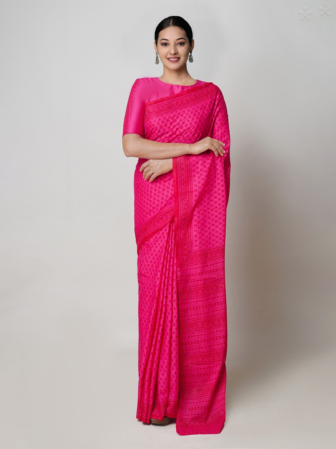 

Unnati Silks Ethnic Motifs Block Printed Pure Cotton Saree, Pink