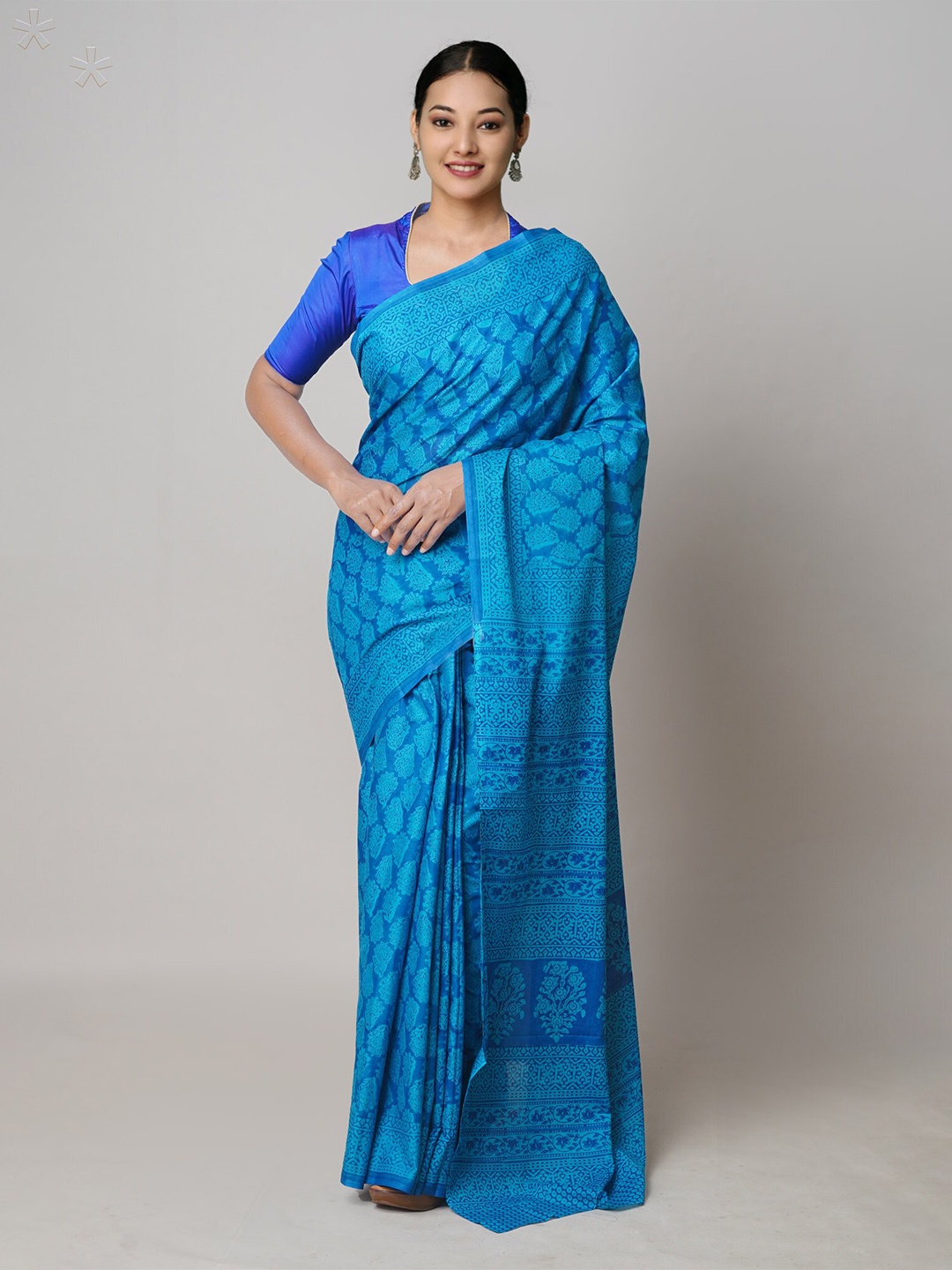 

Unnati Silks Ethnic Motifs Block Printed Pure Cotton Saree, Blue