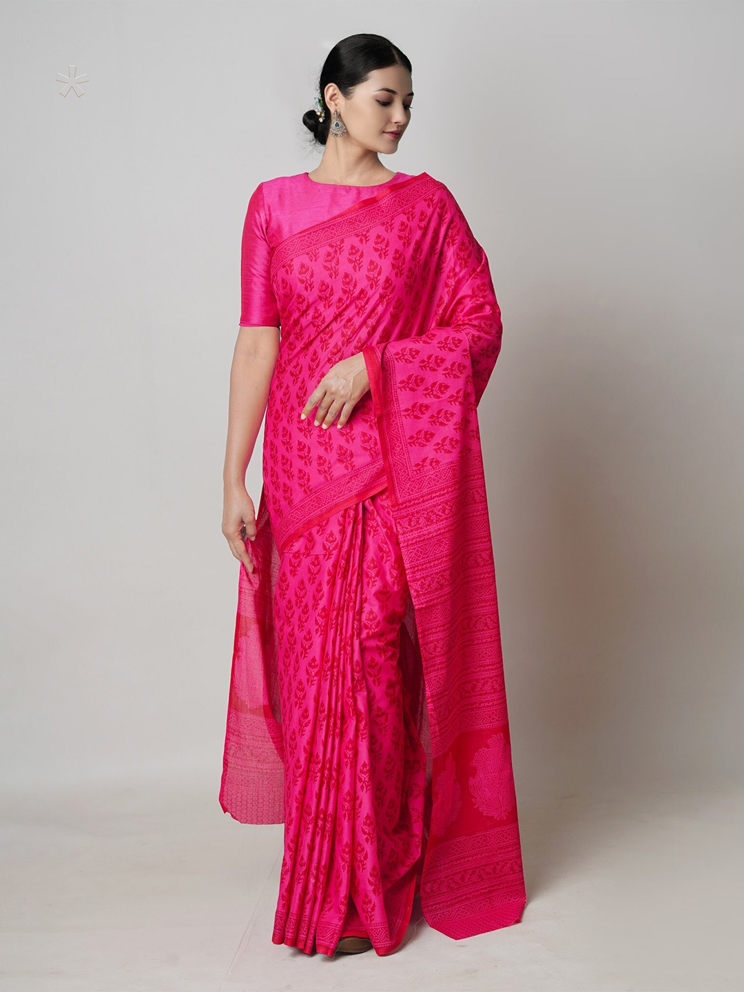 

Unnati Silks Ethnic Motifs Block Printed Pure Cotton Saree, Pink