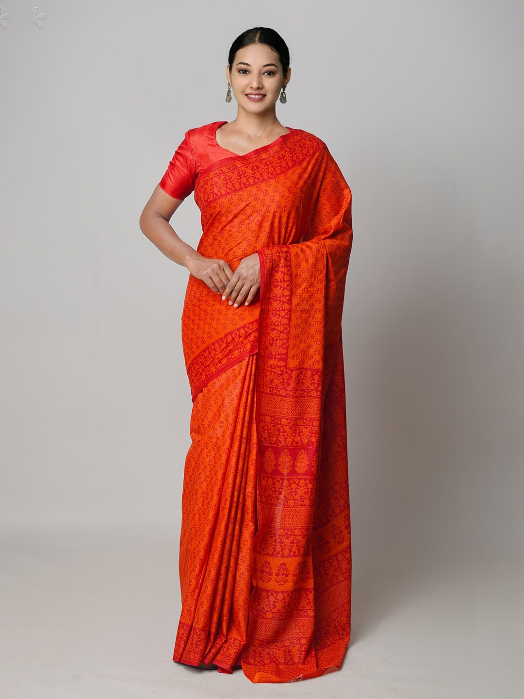 

Unnati Silks Ethnic Motifs Block Printed Pure Cotton Saree, Red