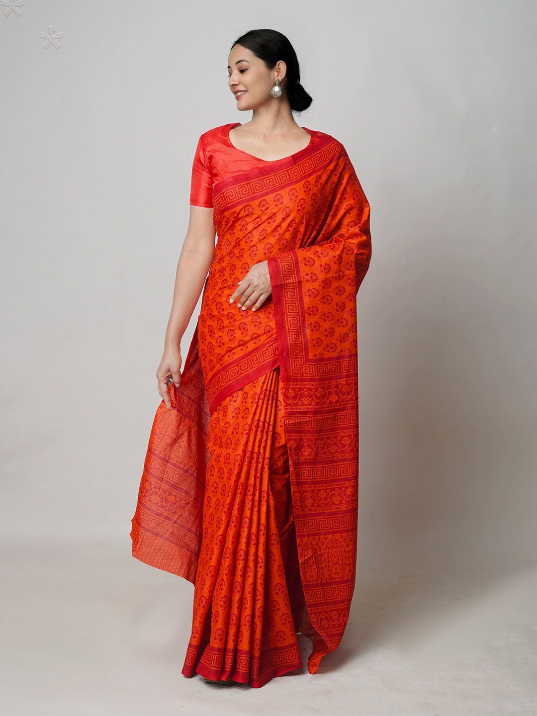 

Unnati Silks Ethnic Motifs Block Printed Pure Cotton Saree, Red