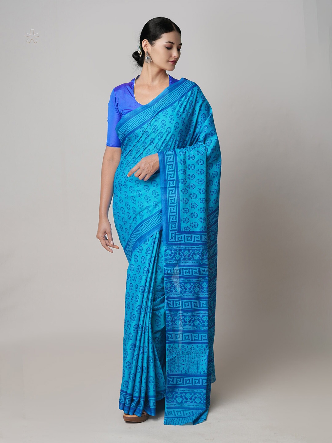 

Unnati Silks Ethnic Motifs Block Printed Pure Cotton Saree, Blue