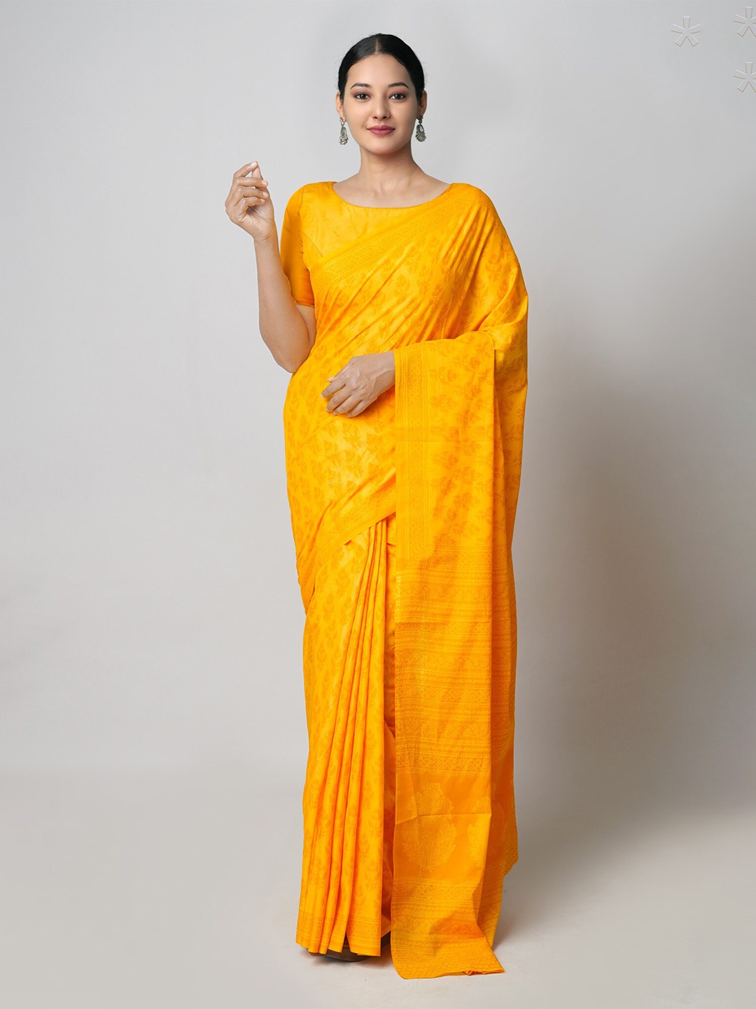 

Unnati Silks Ethnic Motifs Block Printed Pure Cotton Saree, Yellow