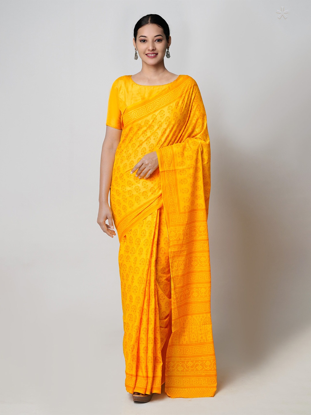 

Unnati Silks Ethnic Motifs Block Printed Pure Cotton Saree, Yellow