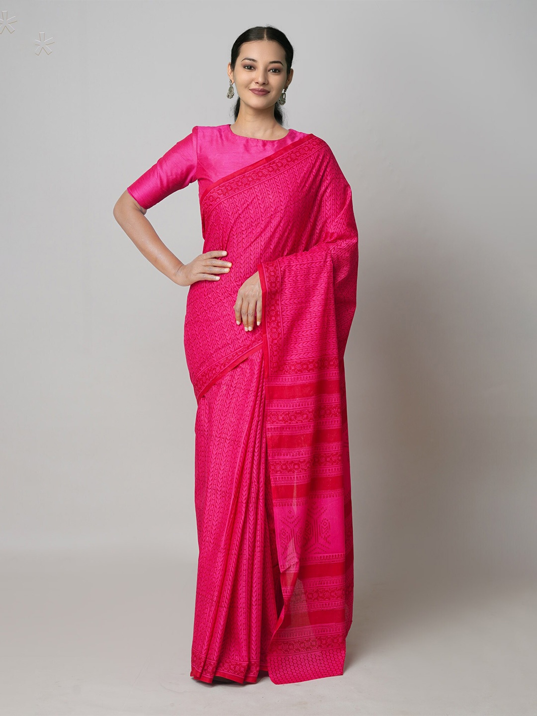 

Unnati Silks Ethnic Motifs Block Printed Pure Cotton Saree, Pink