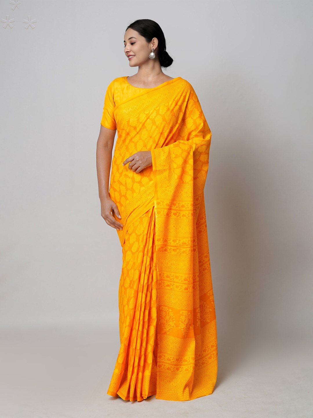 

Unnati Silks Ethnic Motifs Block Printed Pure Cotton Saree, Yellow