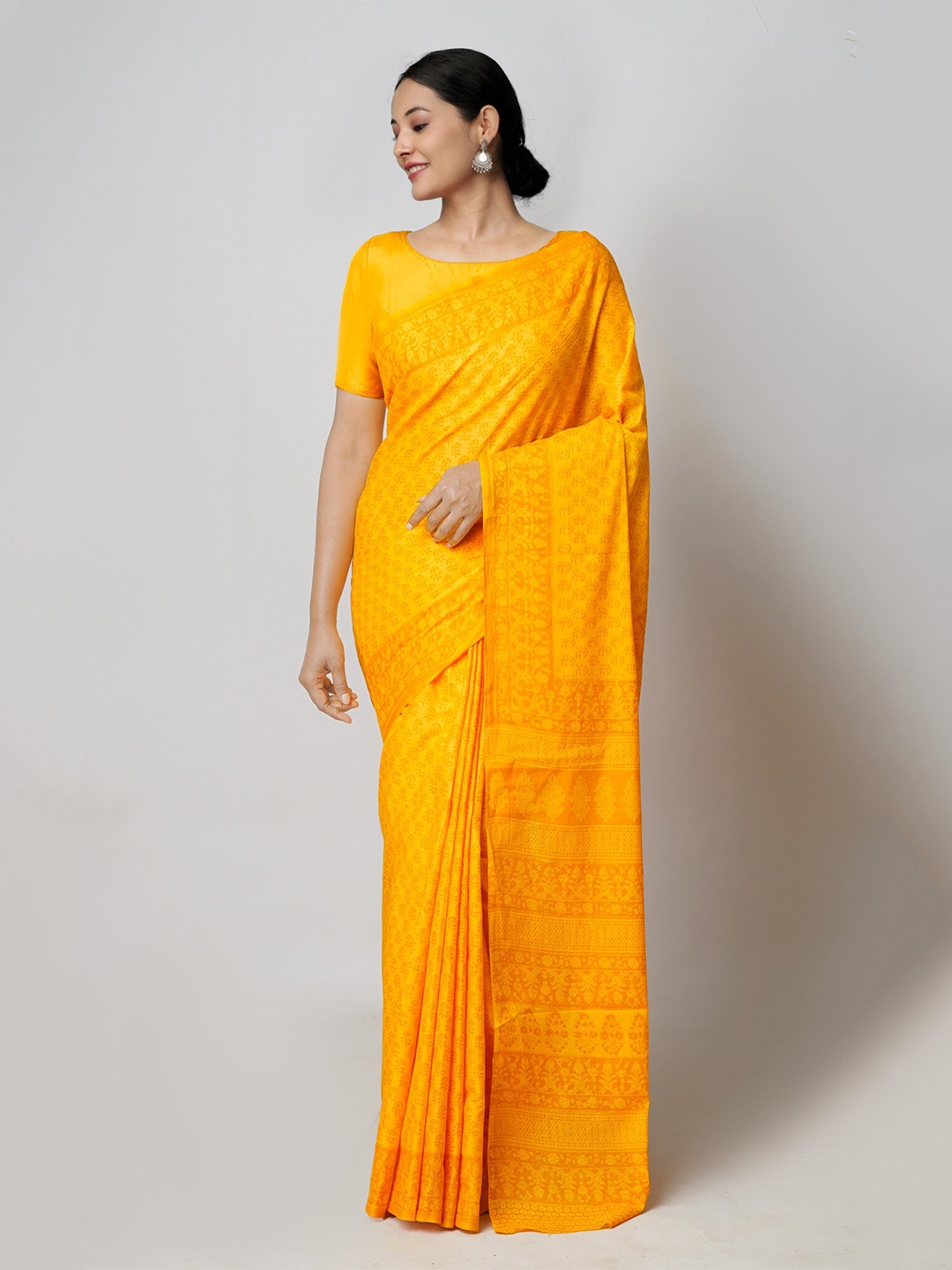 

Unnati Silks Ethnic Motifs Printed Pure Cotton Block Print Saree, Yellow