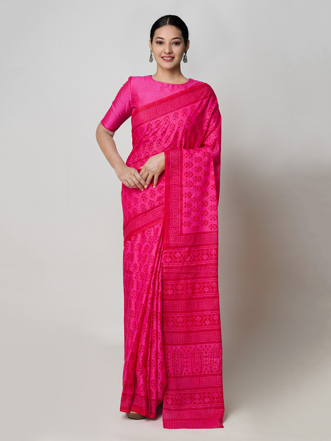 

Unnati Silks Ethnic Motifs Pure Cotton Block Print Saree, Pink