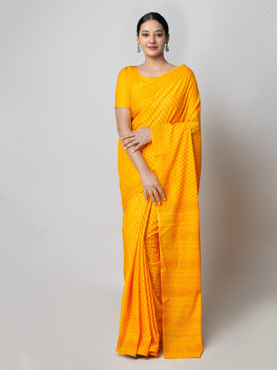 

Unnati Silks Ethnic Motifs Pure Cotton Block Print Saree, Yellow