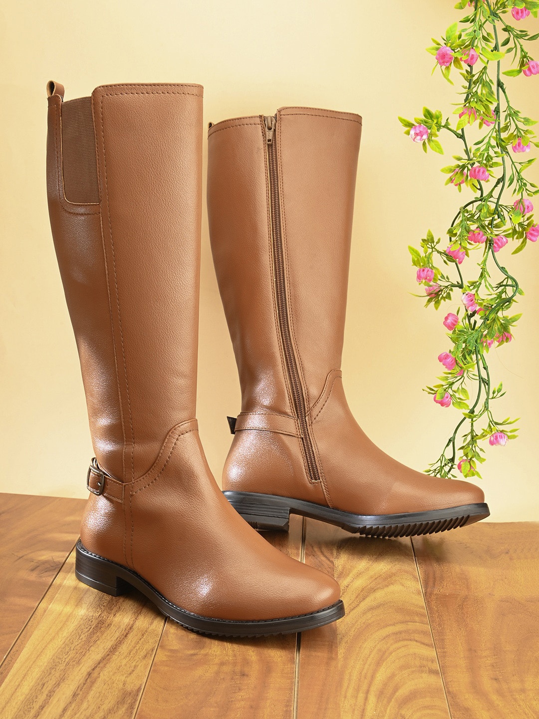 

DressBerry Women High Top Block Heeled Regular Boots, Tan