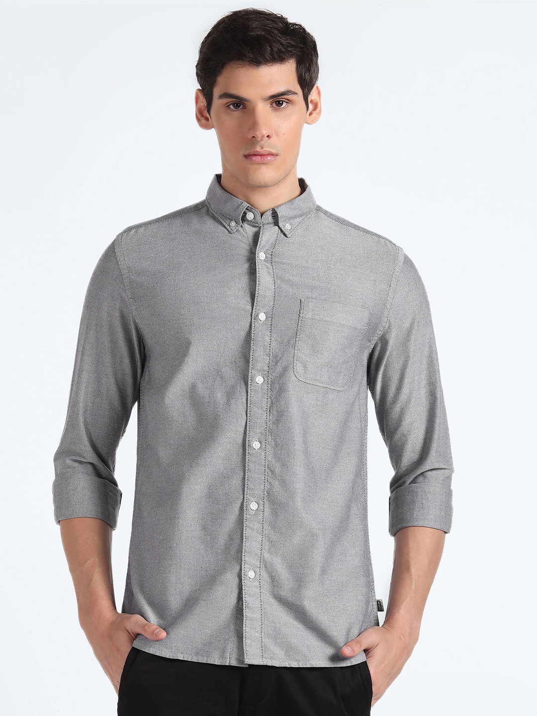 

Flying Machine Button-Down Collar Long Sleeves Pure Cotton Casual Shirt, Grey
