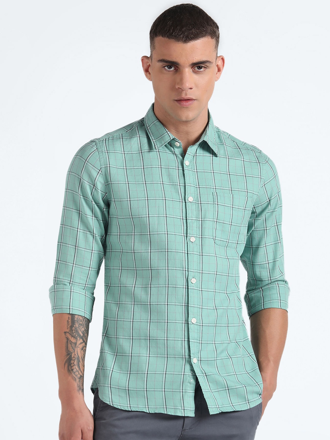 

Flying Machine Slim Fit Tatan Checks Spread Collar Cotton Formal Shirt, Green