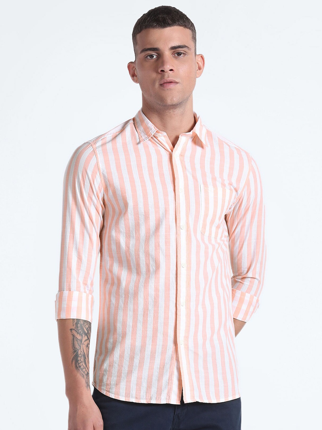 

Flying Machine Slim Fit Striped Spread Collar Cotton Casual Shirt, Orange