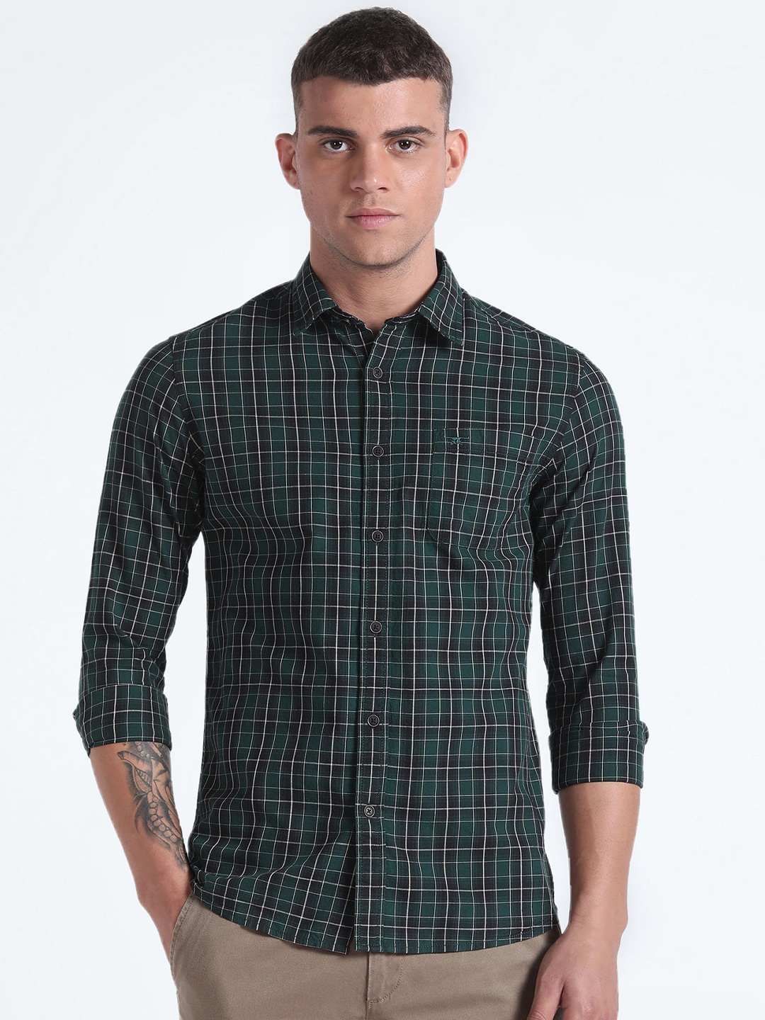 

Flying Machine Slim Fit Checked Spread Collar Pure Cotton Casual Shirt, Green