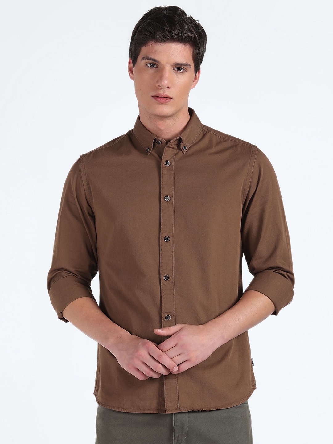 

Flying Machine Slim Fit Button-Down Collar Pure Cotton Casual Shirt, Brown