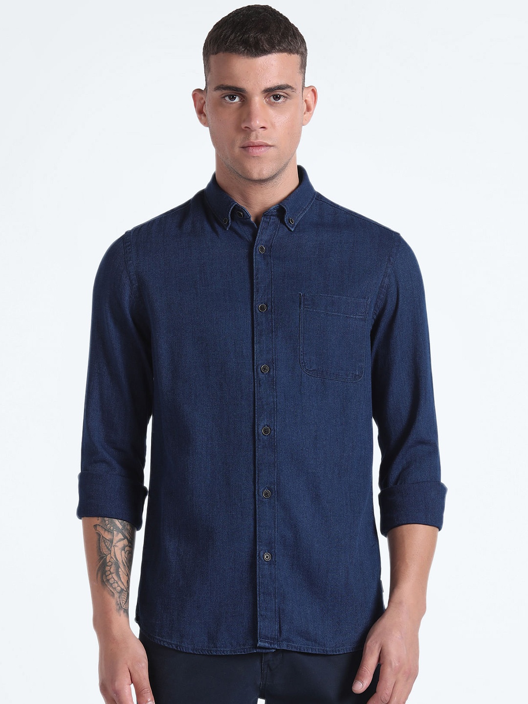 

Flying Machine Button-Down Collar Pure Cotton Casual Shirt, Navy blue