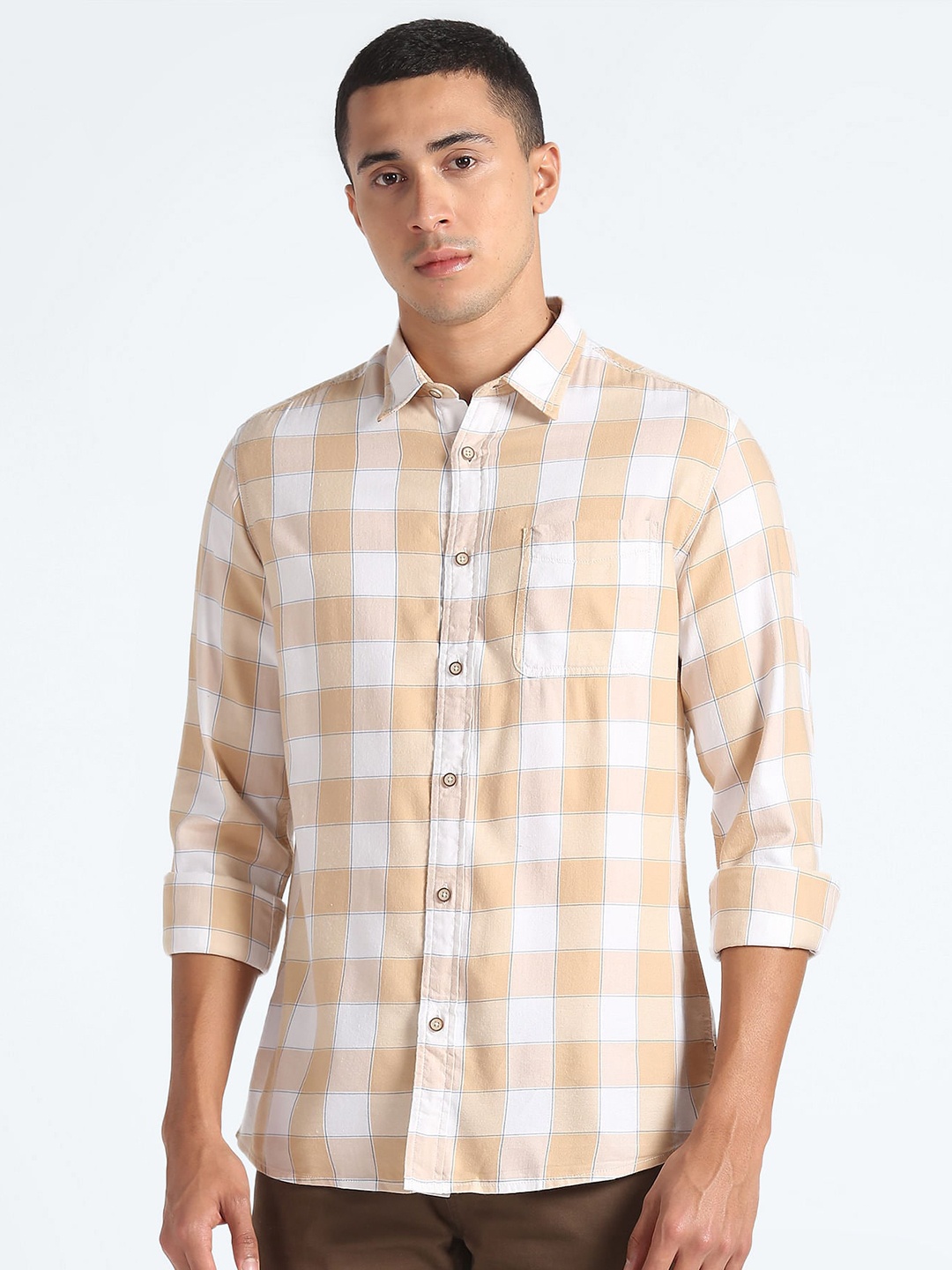 

Flying Machine Slim Fit Buffalo Checks Spread Collar Cotton Casual Shirt, Beige