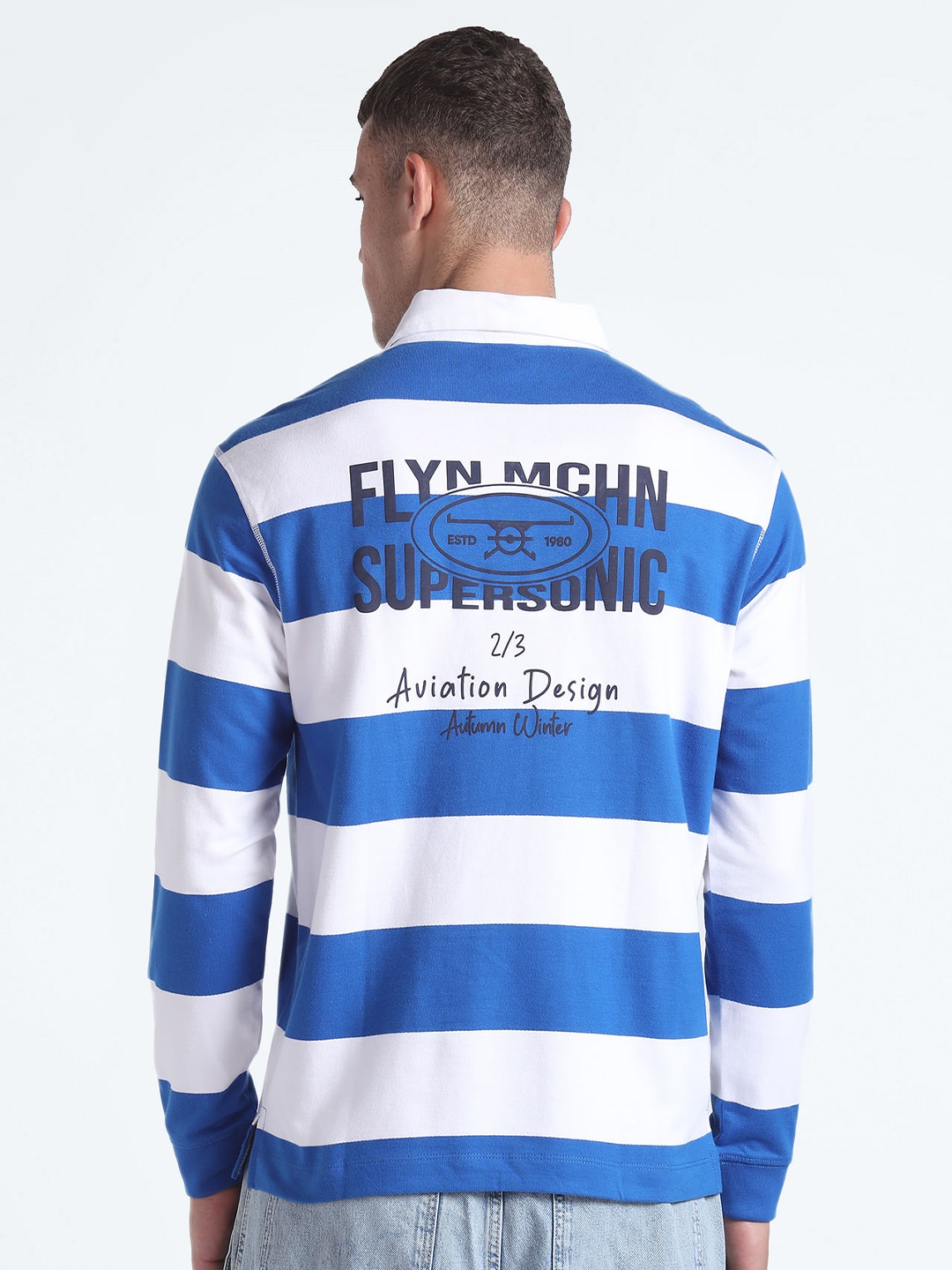 

Flying Machine Relaxed Fit Striped Polo Collar Cotton T-shirt, Blue