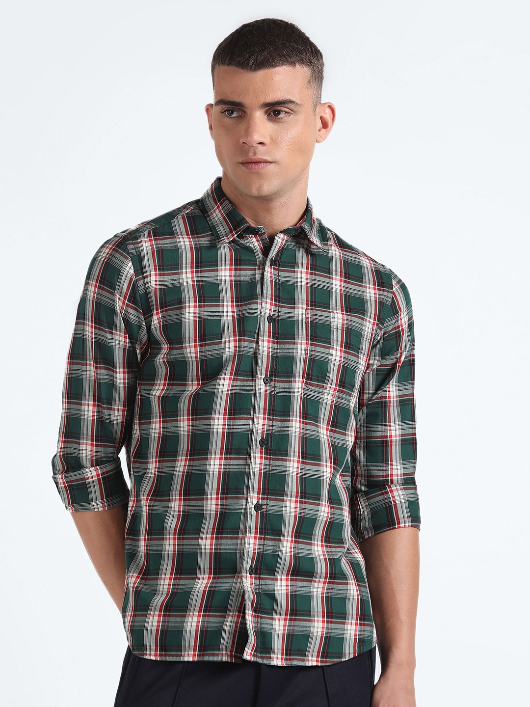 

Flying Machine Slim Fit Tartan Checked Spread Collar Pure Cotton Casual Shirt, Green