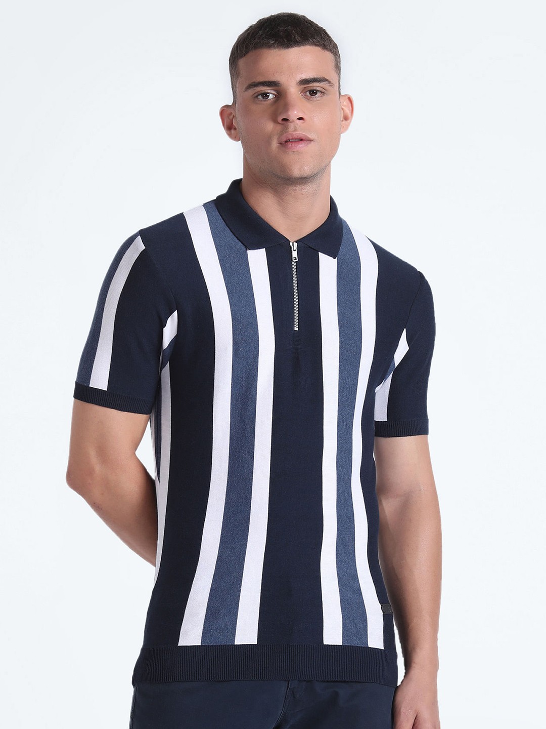

Flying Machine Striped Polo Collar Cotton T-shirt, Navy blue