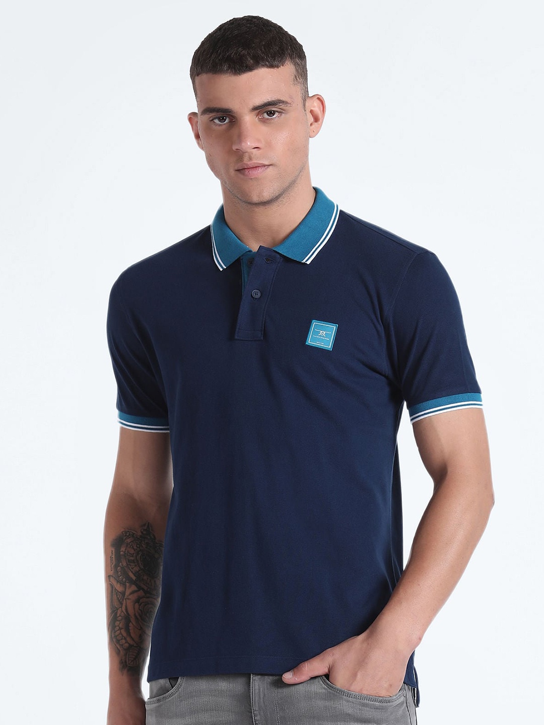

Flying Machine Polo Collar Regular Fit Cotton T-shirt, Blue