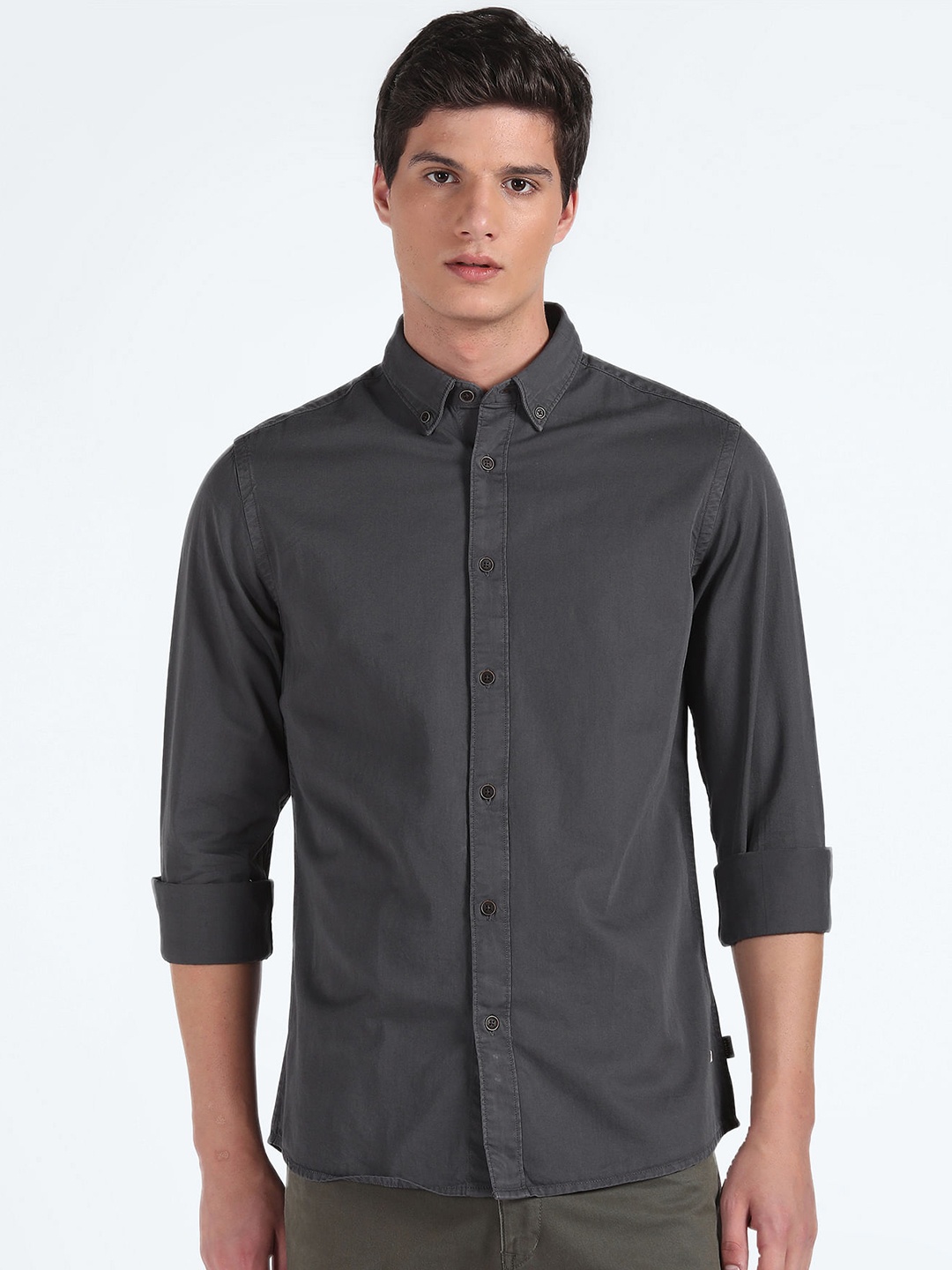 

Flying Machine Men Grey Slim Fit Button-Down Collar Pure Cotton Casual Shirt