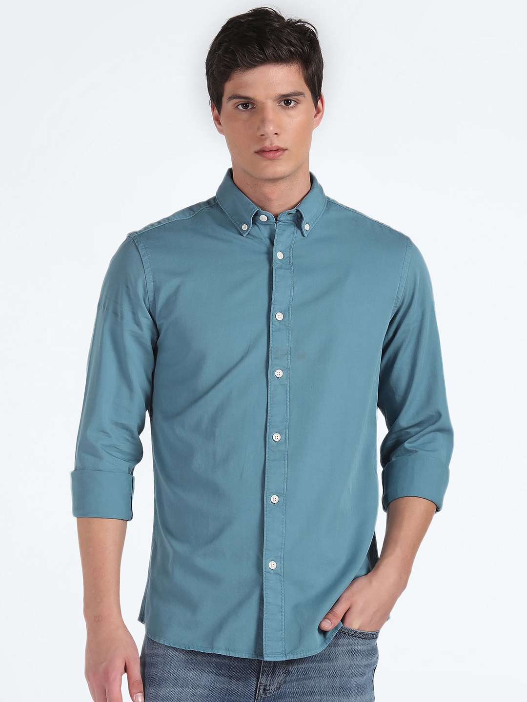 

Flying Machine Slim Fit Button-Down Collar Pure Cotton Casual Shirt, Blue