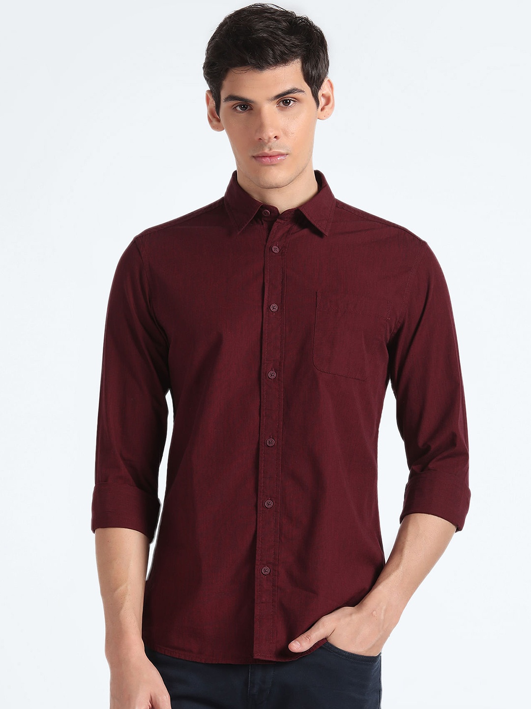 

Flying Machine Spread Collar Pure Cotton Casual Shirt, Burgundy