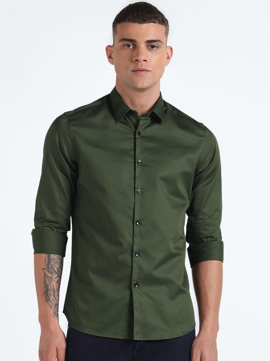 

Flying Machine Slim Fit Spread Collar Cotton Casual Shirt, Green