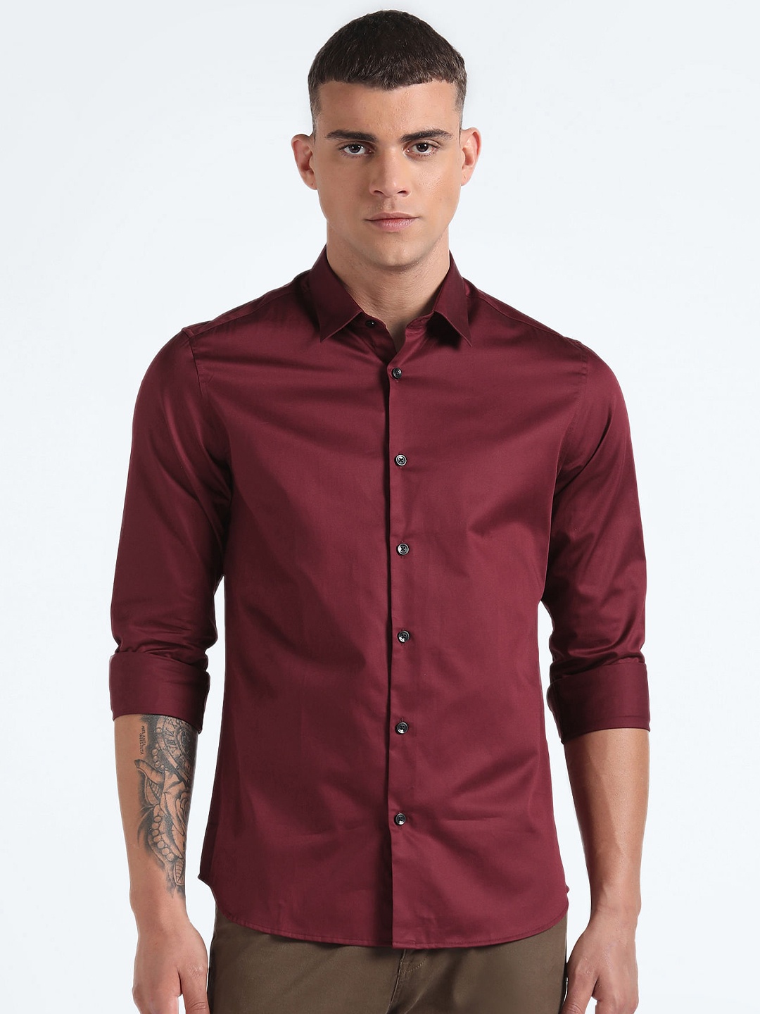 

Flying Machine Slim Fit Spread Collar Pure Cotton Casual Shirt, Maroon