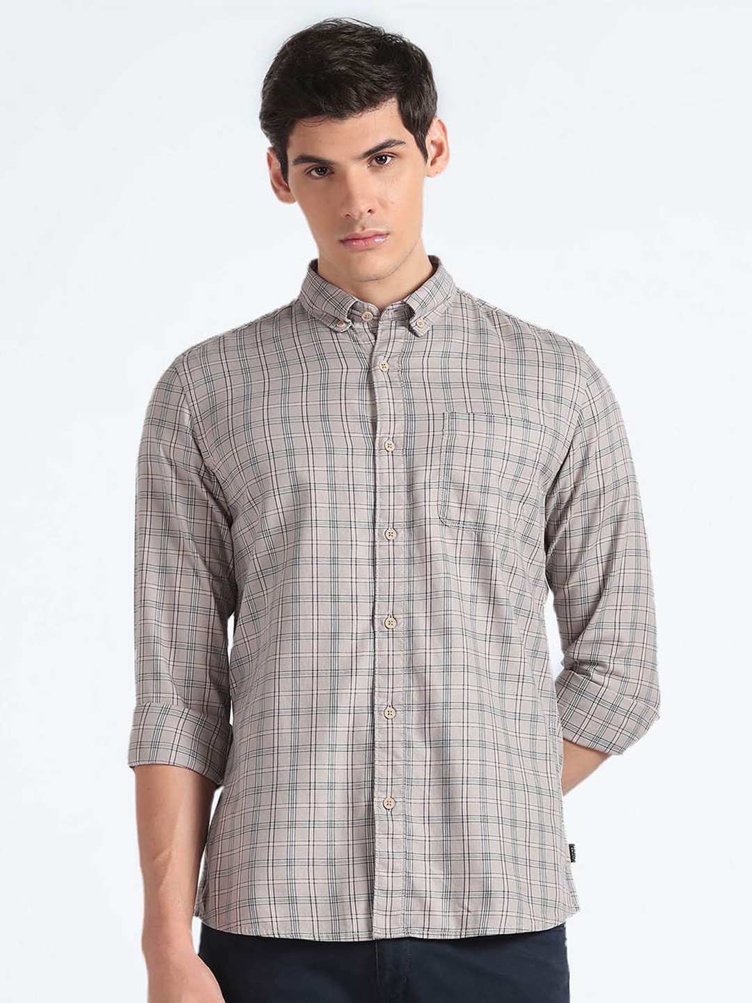 

Flying Machine Tartan Checked Button-Down Collar Pure Cotton Casual Shirt, Beige