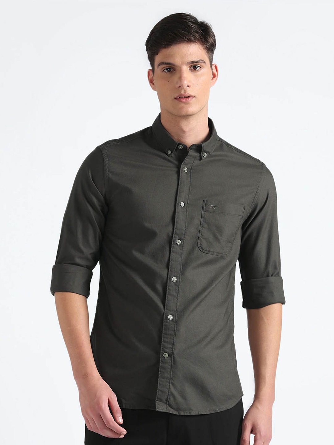 

Flying Machine Slim Fit Button-Down Collar Pure Cotton Casual Shirt, Olive