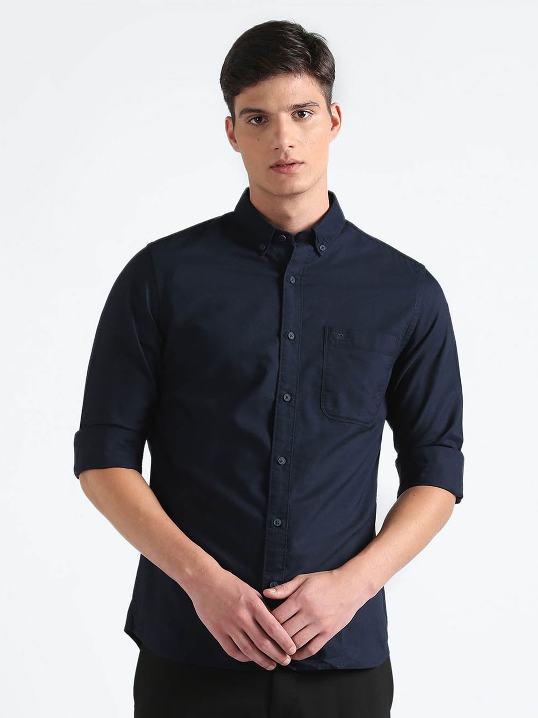 

Flying Machine Men Grey Slim Fit Button-Down Collar Pure Cotton Casual Shirt, Blue
