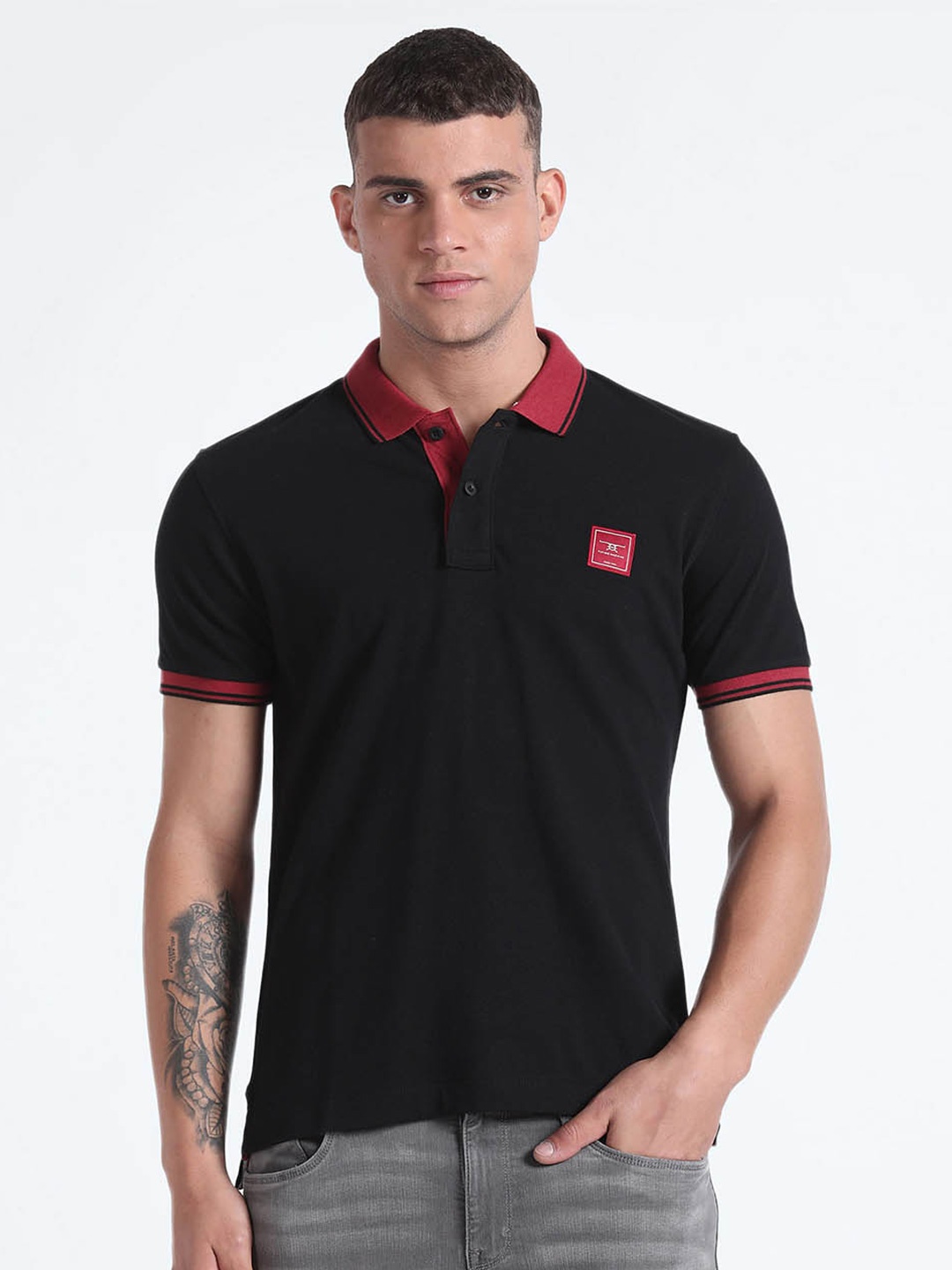 

Flying Machine Polo Collar Pure Cotton T-shirt, Black