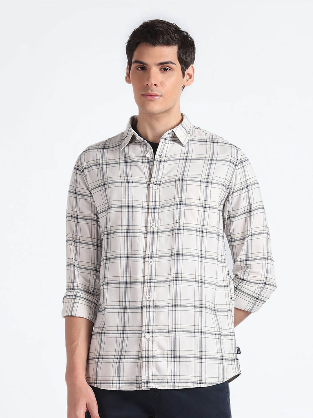 

Flying Machine Tartan Checked Spread Collar Cotton Casual Shirt, Beige